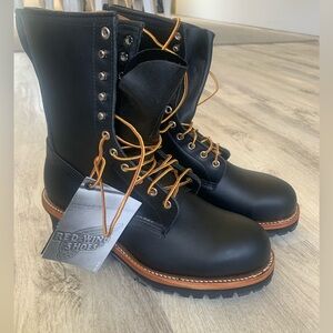NEW! Red Wing Safety Logger Black Leather Work Boots with Tan Laces